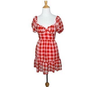 Mable Red Ginger Gingham Mini Dress Sz Small Country All-American Girl Open Back